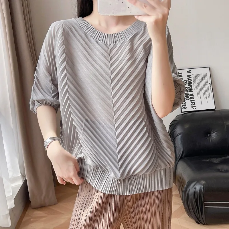 Miyake Pleated 2026 Original Summer New Casual Short Sleeve T-Shirt for Women Loose Fit Round Neck Slimming Pleated Fashion Top