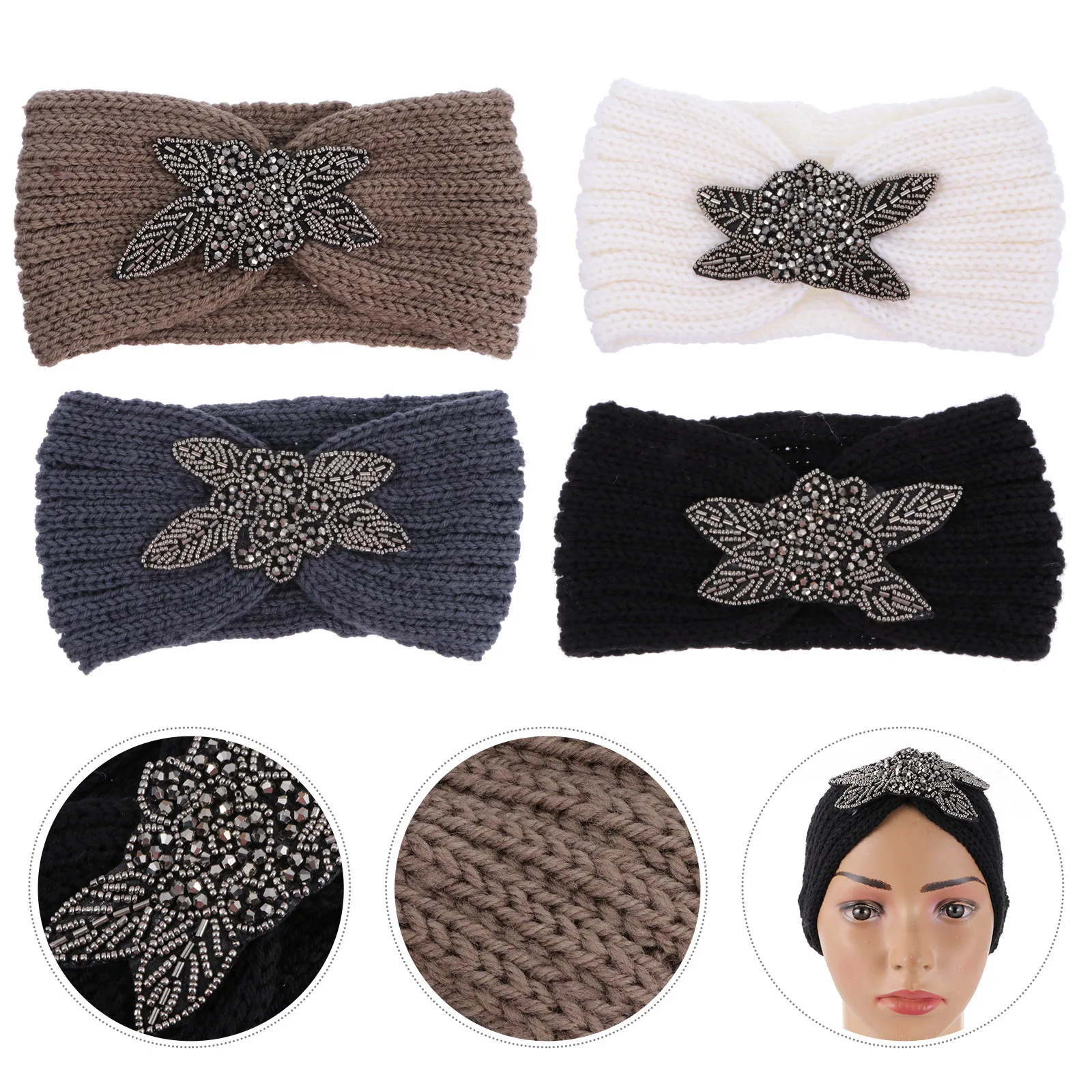 

4Pcs Knitted Hairbands Diamond Headband Elastic Face Washing Makeup Hair Band Women Headbands Outdoor Accessory