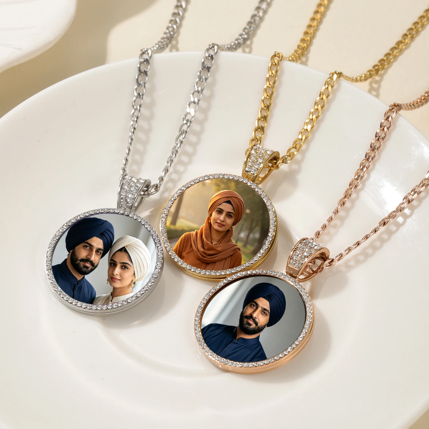 Custom Photo Khanda Necklace Personalized Sikh Symbol Pendant 18K Gold Plated Trisul Necklace Waterproof Memorial Jewelry Gift