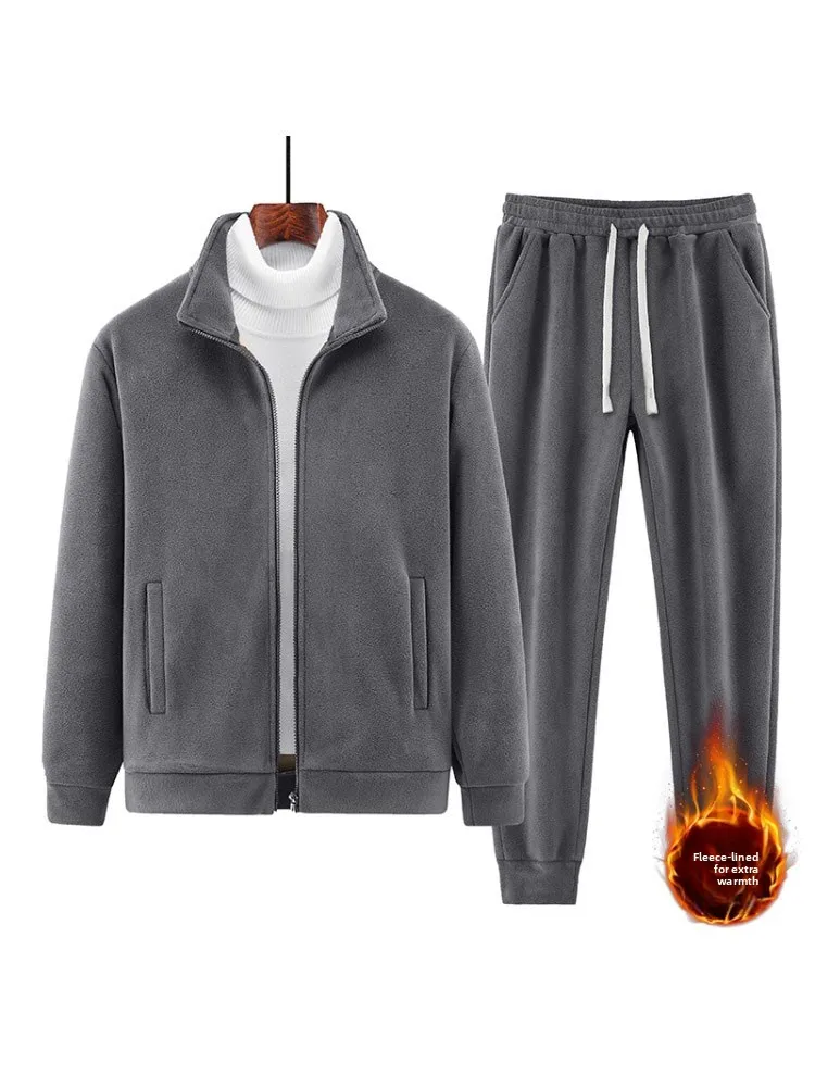 

Мужской зимний утепленный спортивный костюм с флисовой подкладкой: теплая повседневная куртка и брюки из полиэстера с длинными рукавами