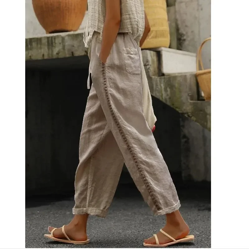 Summer Cotton and Linen Casual Pants Women's Elastic Waist Streetwear Pants Commuter Spliced Pants Pantalon New Joggers 28302