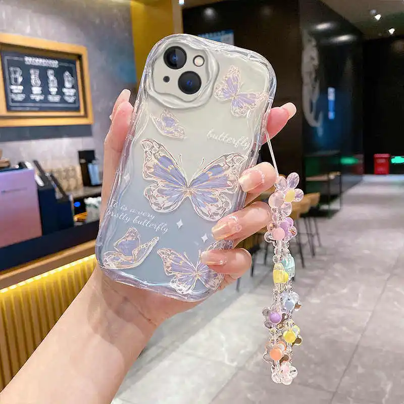 Чехол-цепочка с градиентом бабочки и цветка для Xiaomi POCO X5 X3 X6 Pro C65 X4 NFC GT F3 F4 M3 M4 M6 F6 Pro 12 11 Lite 5G NE 12T 14