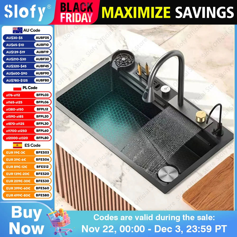 Multifunctional Kitchen Sink Large Single Bowl Stainless Steel Sink Honeycomb Embossing Basin Waterfall Faucet With Accessories