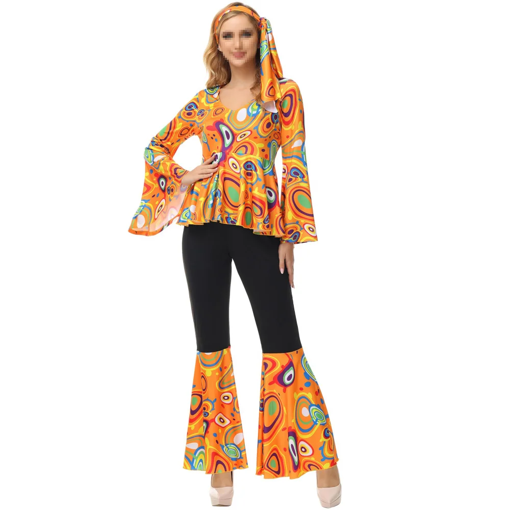 70S Disco Cosplay Costume V Neck Printed Outfit Women Long Sleeve Blouse Headgear Pants for Women Black Patchwork Chiffon Suit