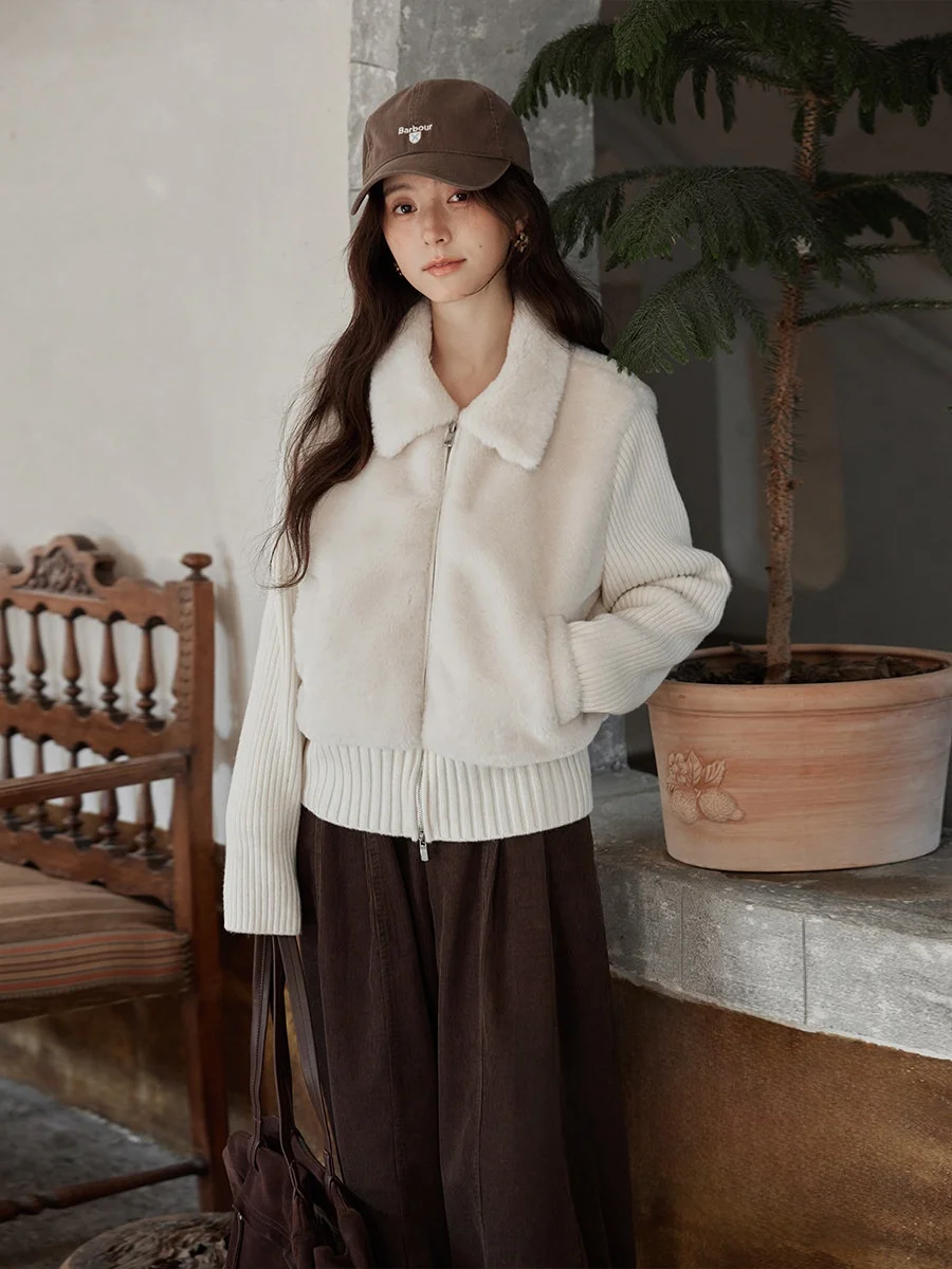 

Thickened Knitted Short Coat Lamb Fur Collar Korean Style Autumn Winter Outerwear for Women Lady Commute Style Zipper Closure