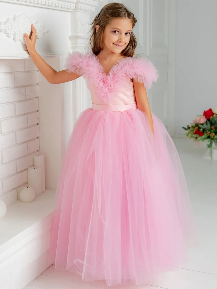 

Pink Flower Girl Dresses Tulle Puffy Sleeveless For Wedding Birthday Banquet Party First Communion Gowns