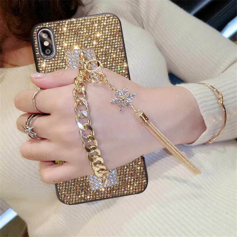 Gold Chain Wrist Strap phone Case For Samsung galaxy A51 A71 A52 A72 A02S A10S A20 A30S A50 A70 A12 A31 A32 Glitter sequin Cover