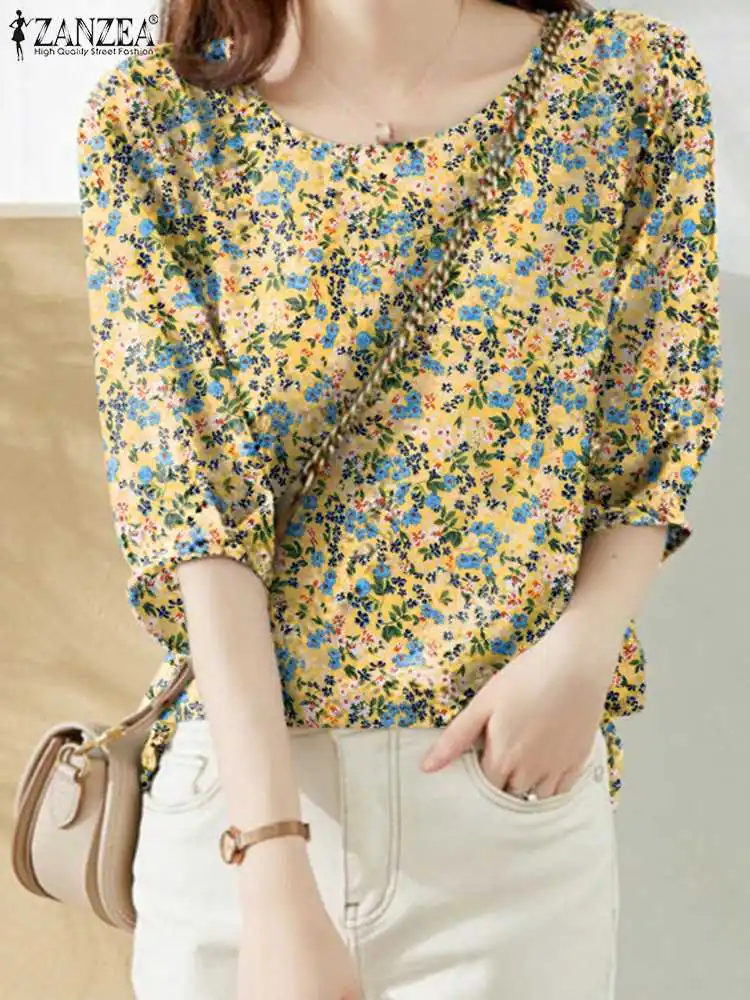 

ZANZEA 2024 Summer Half Sleeve Tops Women Floral Print Blouse Vintage Crewneck Chic Shirt Casual Loose Holiday Bohemian Tunics