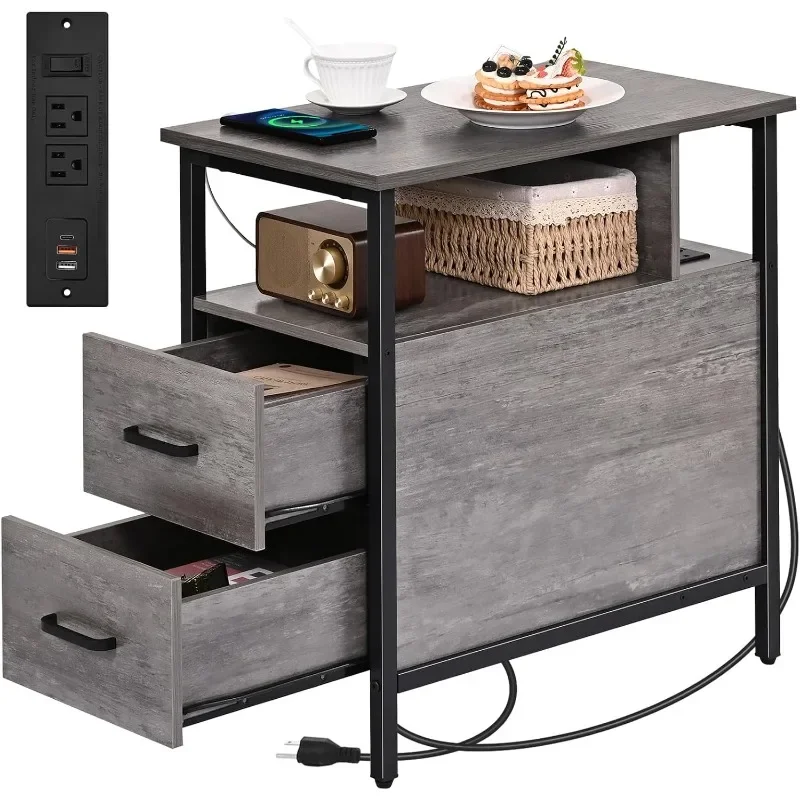 Head Cabinet with Charging, Narrow Tail Desk with Wooden Drawer, USB Port and Power Outlet, Side Desk Living Room, Bedroom