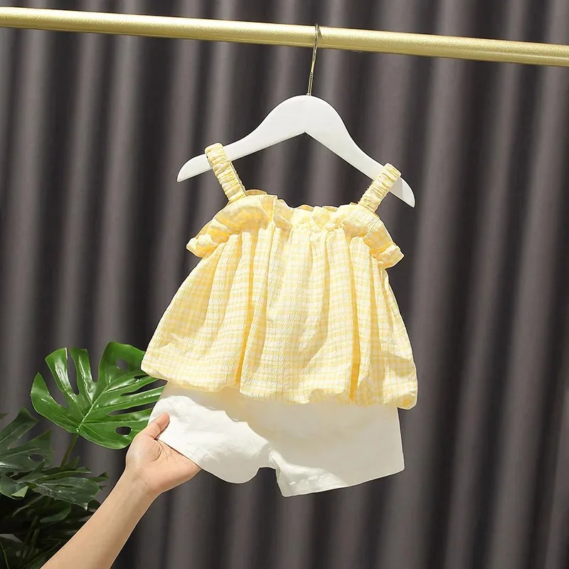 2026 New Summer Girls Clothes Sets Summer Kids Casual Clothing for Girls Checked Straps+White Shorts Children's Baby Girl Outfit