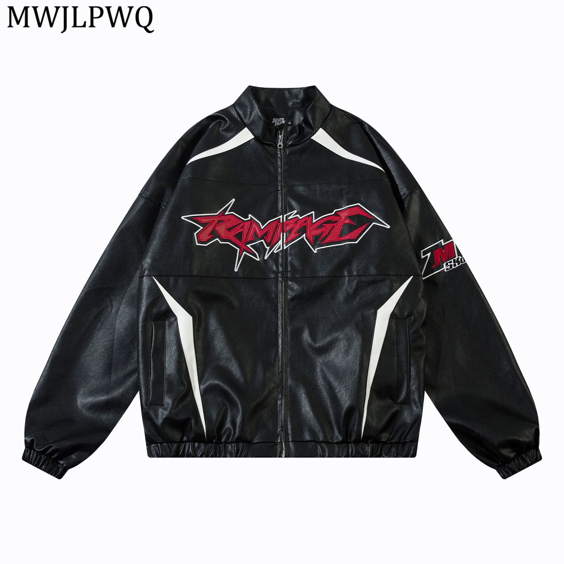

MWJLPWQ Trendy New American Embroidered Leather Motorcycle Jacket Men High Street Stand Collar Unisex Tops Autumn Winter 21023