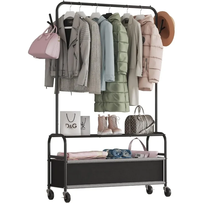 Imagem -04 - Metal -standing Clothing Rack com Cesto de Armazenamento Garment Rack com Rodas Cabolsas Saias Camisas Pequeno Preto