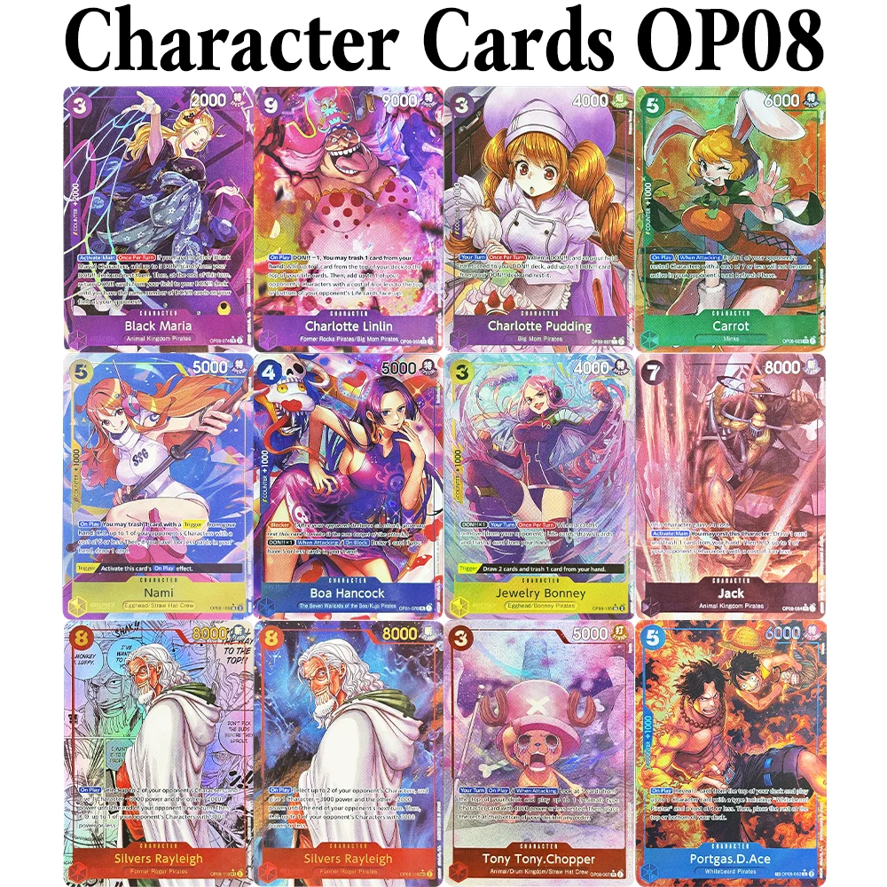 

Коллекционные игровые карты One Piece Two Legends (OP08) с персонажами: Силверс Рэйли, Тони Тони Чоппер, Нами, Карот, Портгас Д. Эйс.