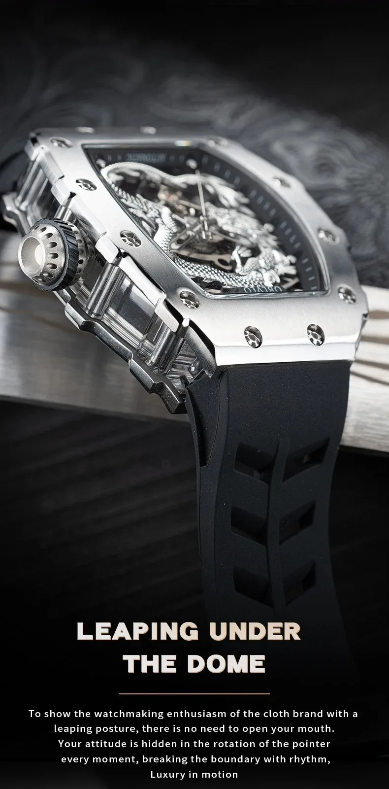 OBLVLO Men Automatic Watch 50.8mm*42mm Mechanical Tonneau Case Wristwatch Skeleton Dragon Dial 50M Waterproof Sapphire Luminous