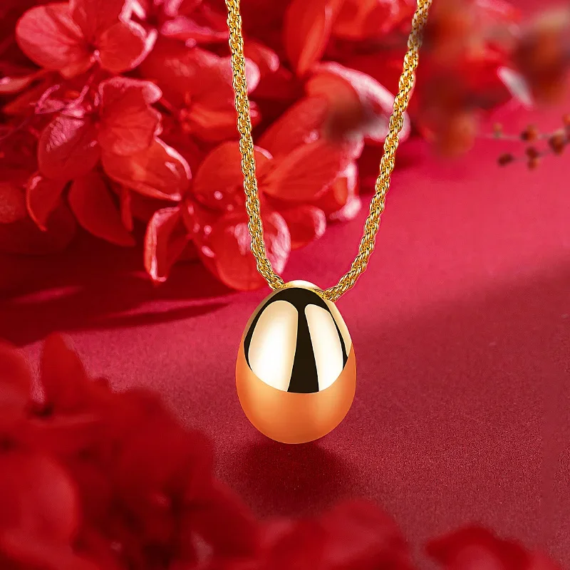 

9999 Real Gold 24K Pigeon Egg Necklace, Niche High-end Ins Wind Cold Big Water Droplets Oval Hemp Rope Necklace Female