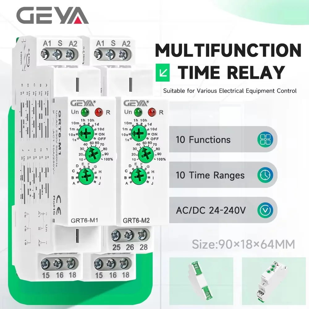 GEYA 10A Multifunktionales Zeitrelais mit 10 Funktionsoptionen 0,1s-10 Tage Zeitverzögerung AC/DC24V-240V Steuerung DIN-Schienen-Relais