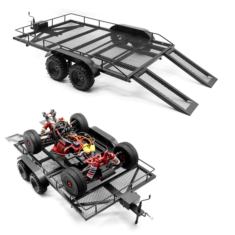 

Simulation Metal Dual Axle Trailer with Light Set and Storage Box for 1/18 RC Crawler Car Traxxas TRX4 SCX10 SCX6 Accessories