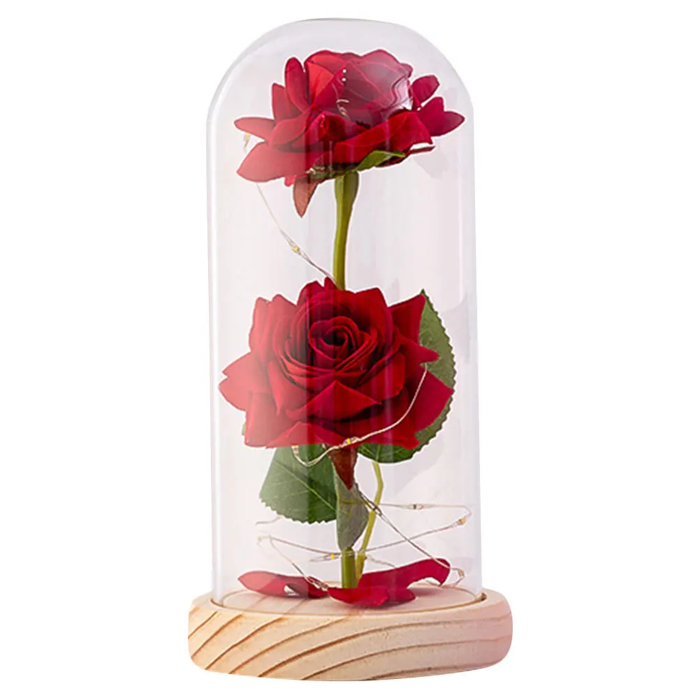 

Premium Fake Rose Flower in Glass Cover Compact Elegant Indoor Desktop Ornament with LED Lights for Living Room Bedroom Decor