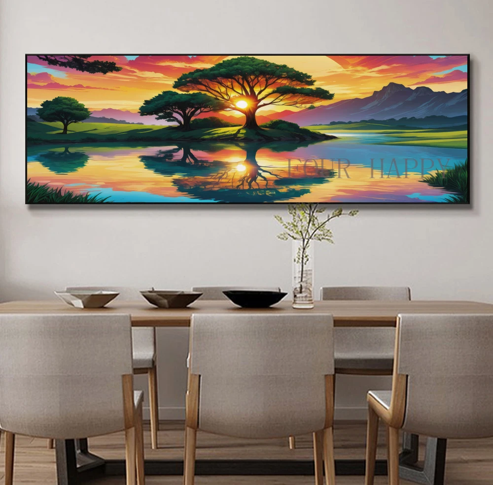 

DIY Large Diamond Painting, Cross River, Forest, Sunset Landscape, Wall Art, Full Round Drill, Embroidery Home Decor, 5D