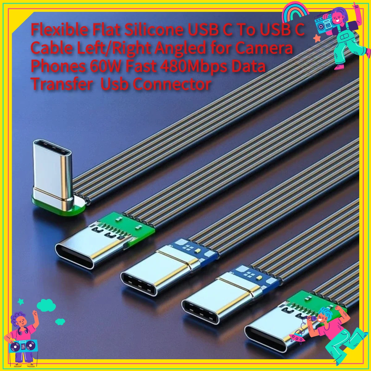 Flexible Flat Silicone USB C To USB C Cable Left/Right Angled for Camera Phones 60W Fast 480Mbps Data Transfer  Usb Connector