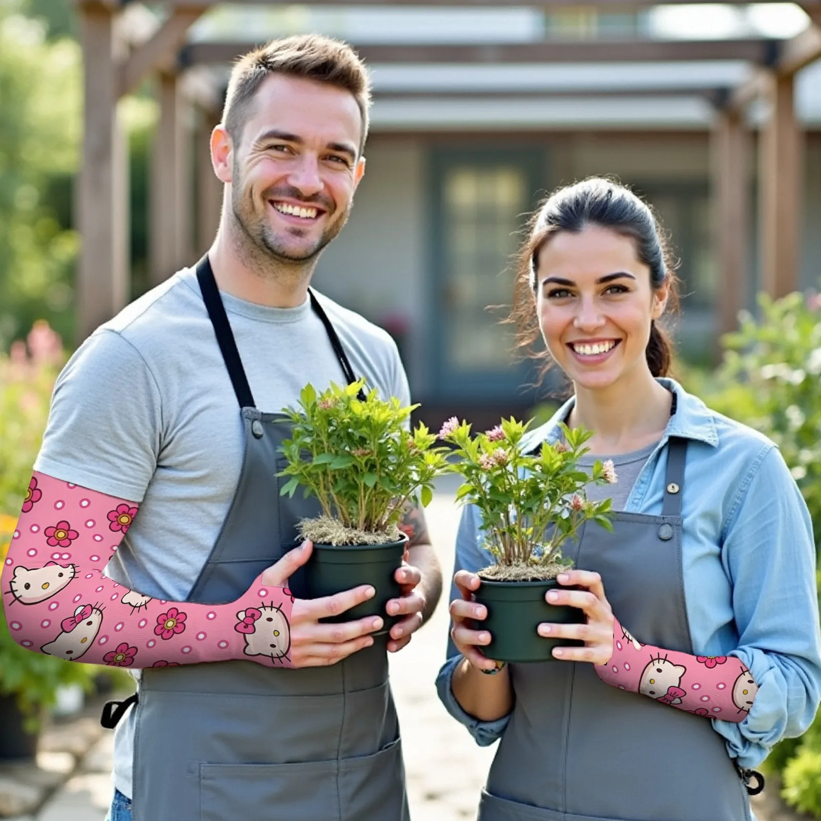 Novedosas mangas de brazo con estampado de dibujos animados de Hello Kitty, protección UV transpirable de seda de hielo rosa claro para la moda diaria y al aire libre