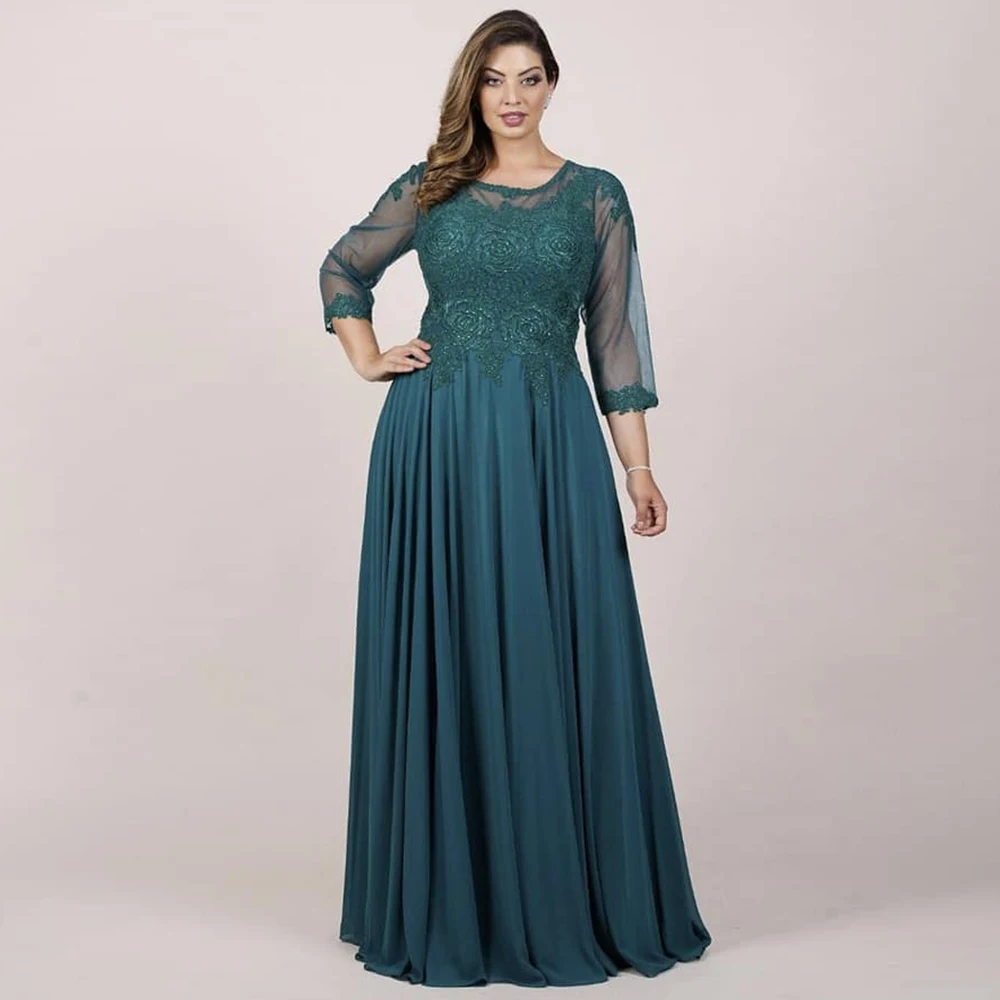 

Customized Elegant Dark Green A-Line Applique Mother of the Bride Dress Fashion and Chic O-Neck 3/4 Sleeve Formal Evening Party