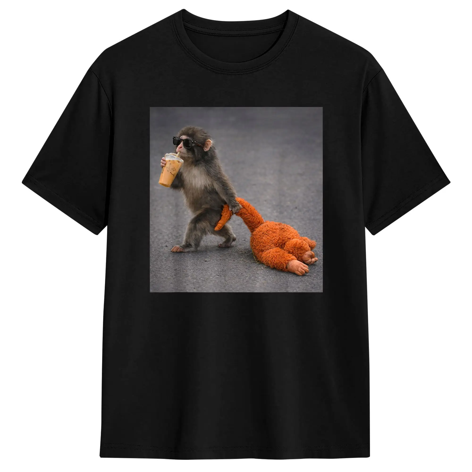 Men's Baby Monkey Punch Drinking Iced Coffee T Shirts Cotton Tops Casual Short Sleeve Round Neck Tees Birthday Present T-Shirts