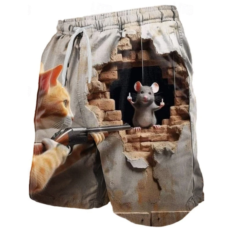 Funny Humour Gesture Cat Print Beach Short Men Women Hip Hop Personality 3D Pattern Loose Breathable Drawstring Board Shorts