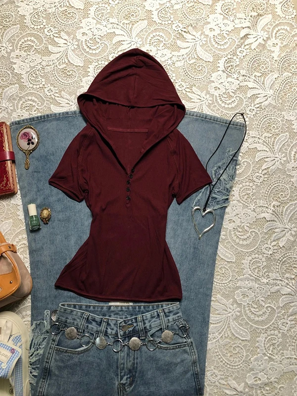 

Оригинальная винтажная винно-красная футболка с капюшоном ort Sve, женский летний топ из полиэфирного волокна, прямой крой, воротник Генри