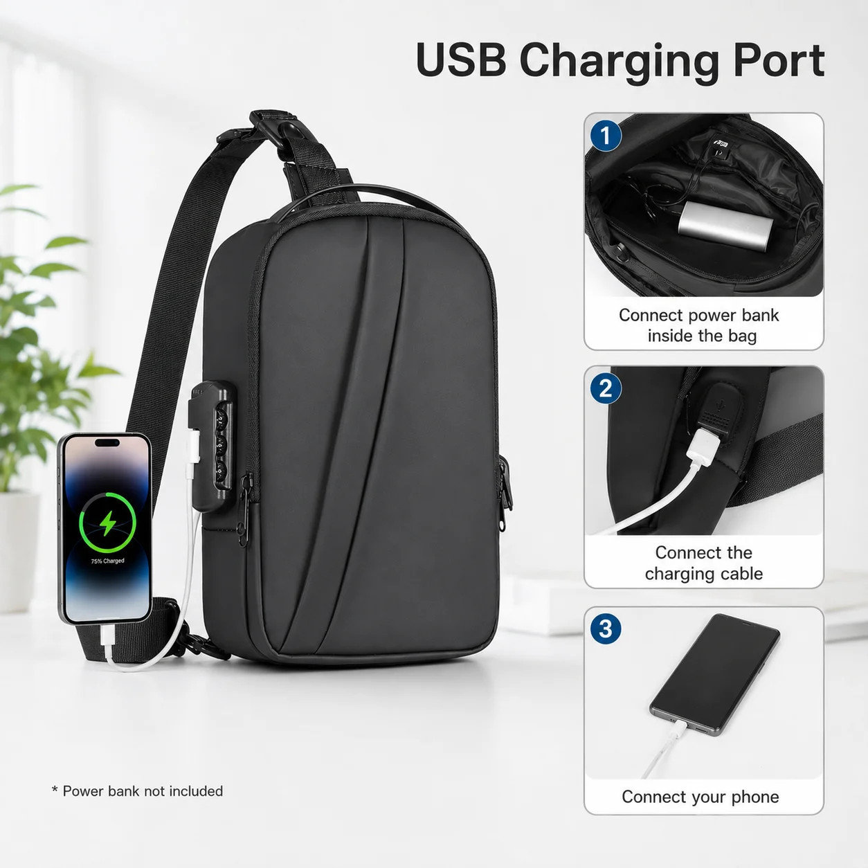 

Durable Oxford Crossbody Bag for Men, Waterproof Anti-Theft Messenger Chest Pack with USB Port Ideal for Short Trips & Daily Use