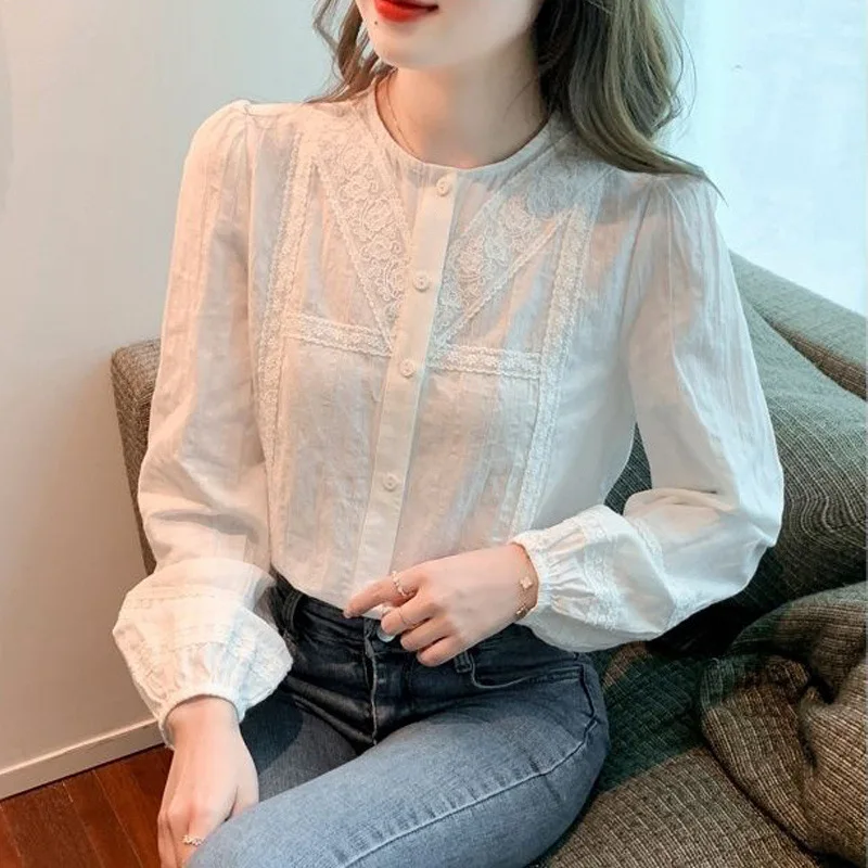 Vintage Simple Chic Sweet Lace Embroidery White Cotton Tops Blouses Spring Autumn Casual Long Sleeve Button Up Shirts for Women