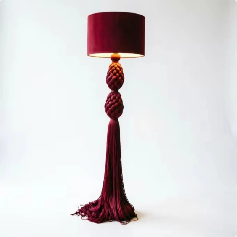 Hand-woven knot fringed floor lamp with adjustable height