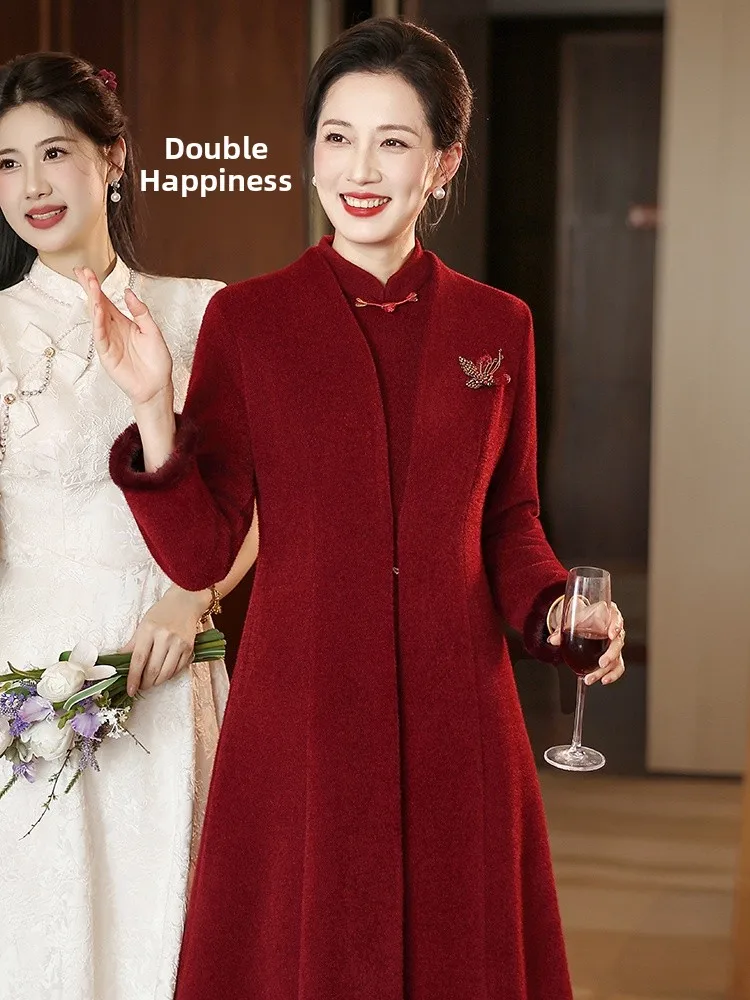 

Thiened Fce Wedding Dr Ele Zipper Sle Diamond Decorated Mid-Waist Slim Fit Midi Dr for Wedding And Banquet