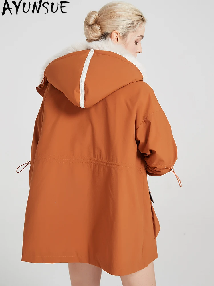 Płaszcz z futra królika Rex AYUNSUE 2025, parka z prawdziwego futra, damska odzież zimowa, ciepła, z kołnierzem z futra lisa, płaszcze damskie średniej długości, Пальто Женское