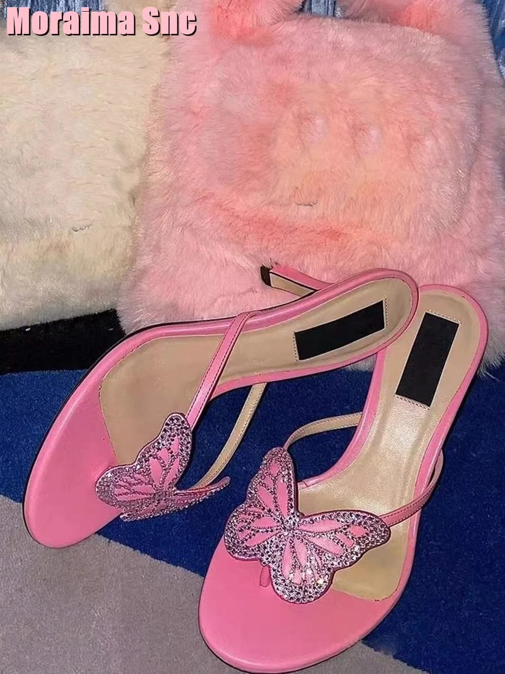 Crystal Butterfly Decor Clip Toe Slippers Kitten Heel Pink Solid Sexy Elegant Women Wedding Shoes Summer Slides Slip On Unique