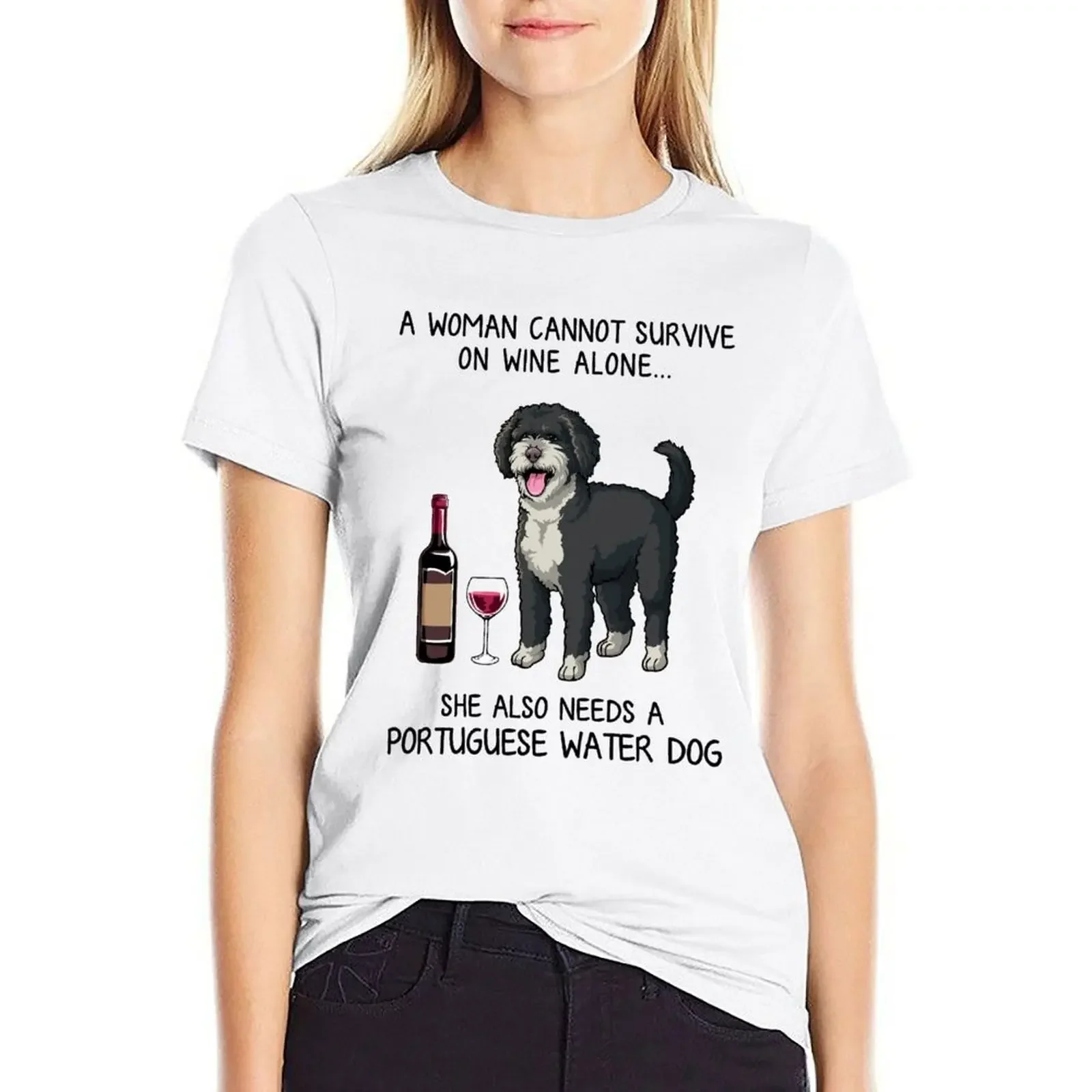 

Portuguese Water Dog and wine Funny gift for dog mom T-shirt anime clothes oversized tops clothes for woman