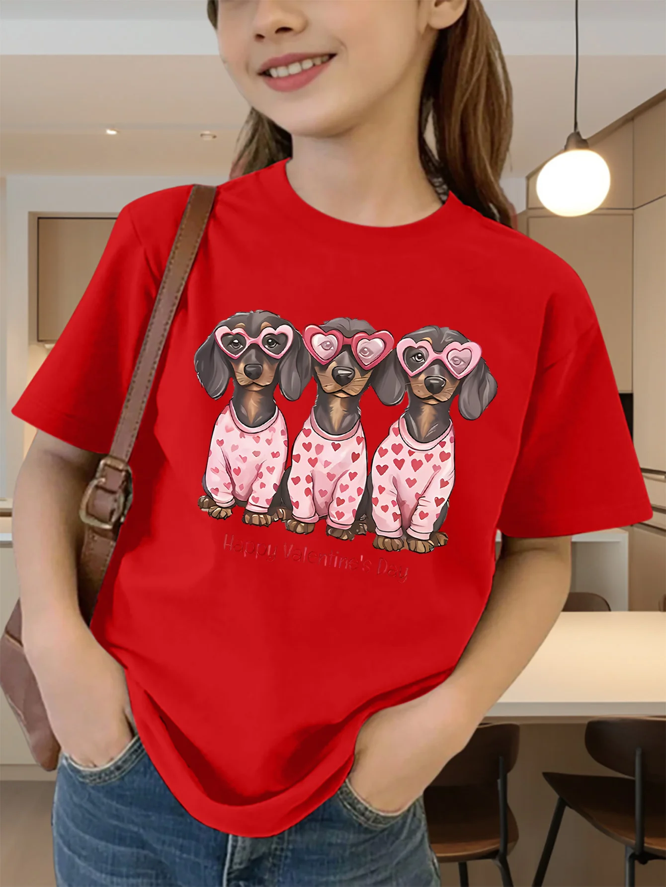 Valentine Dachshund Heart Print Boys Girls T Shirt Lovely Pet Kids Tee Parent Child Matching Casual Summer Family Daily Tops