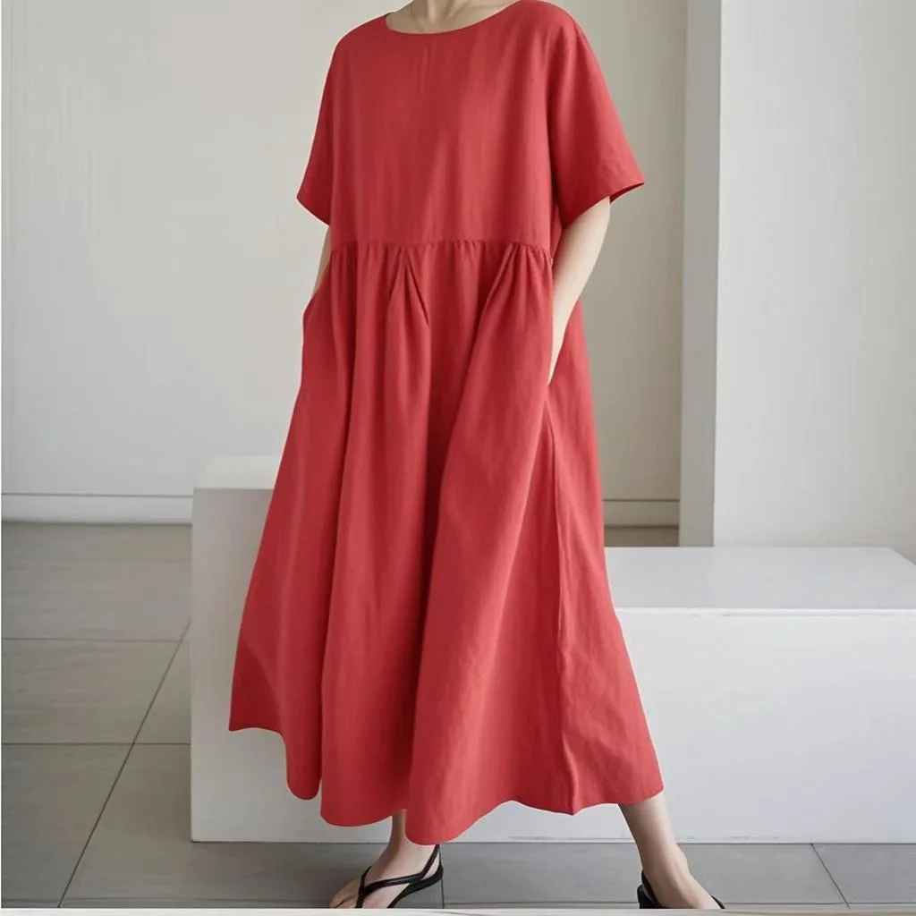 المرأة القطن الكتان فساتين متوسطة الطول الصيف شيك الإناث Vestidos فضفاض الصلبة ألف خط بوهو فستان قصير منتفخ كم فستان الشمس غير رسمي جديد