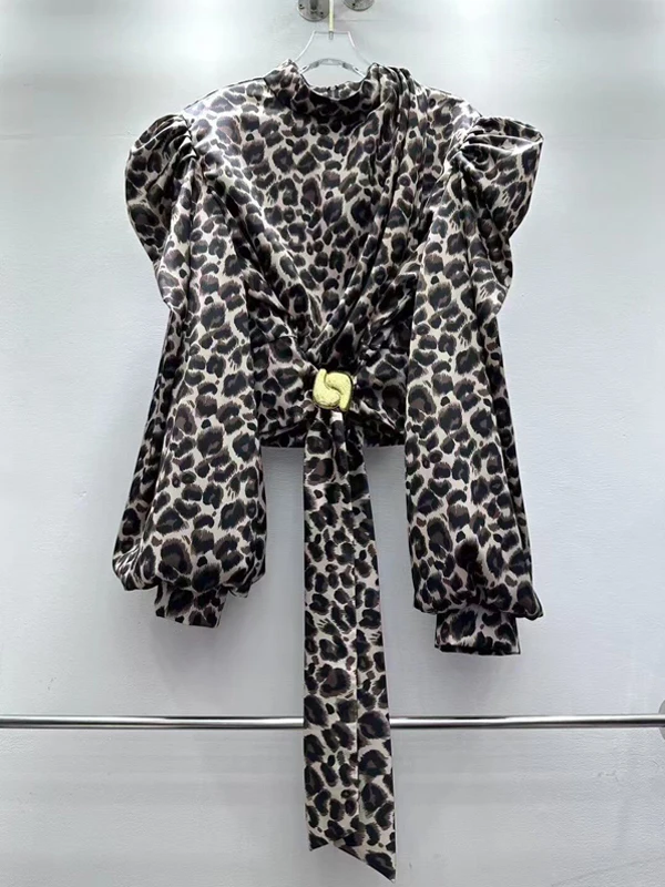 

Женская блузка с длинными рукавами-фонариками, воротником-стойкой и поясом, премиум-класса, легкая, весенняя, новая модная, антивозрастная, с эффектом омоложения