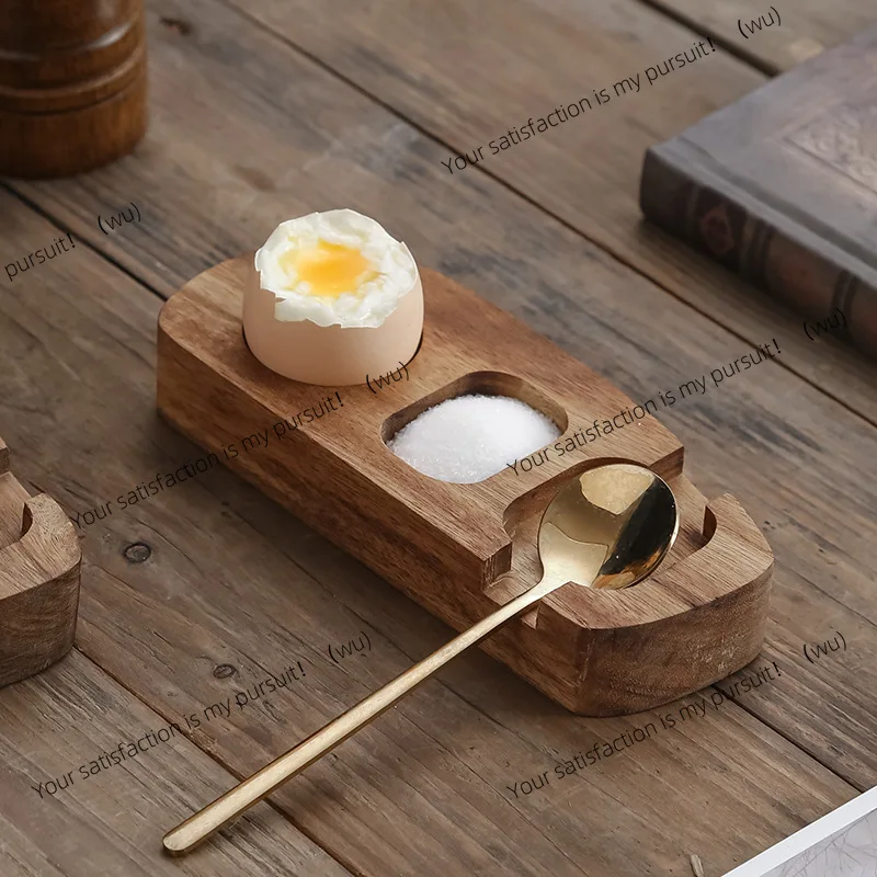 Acacia wooden egg tray eggshell cup hole punch + spoon