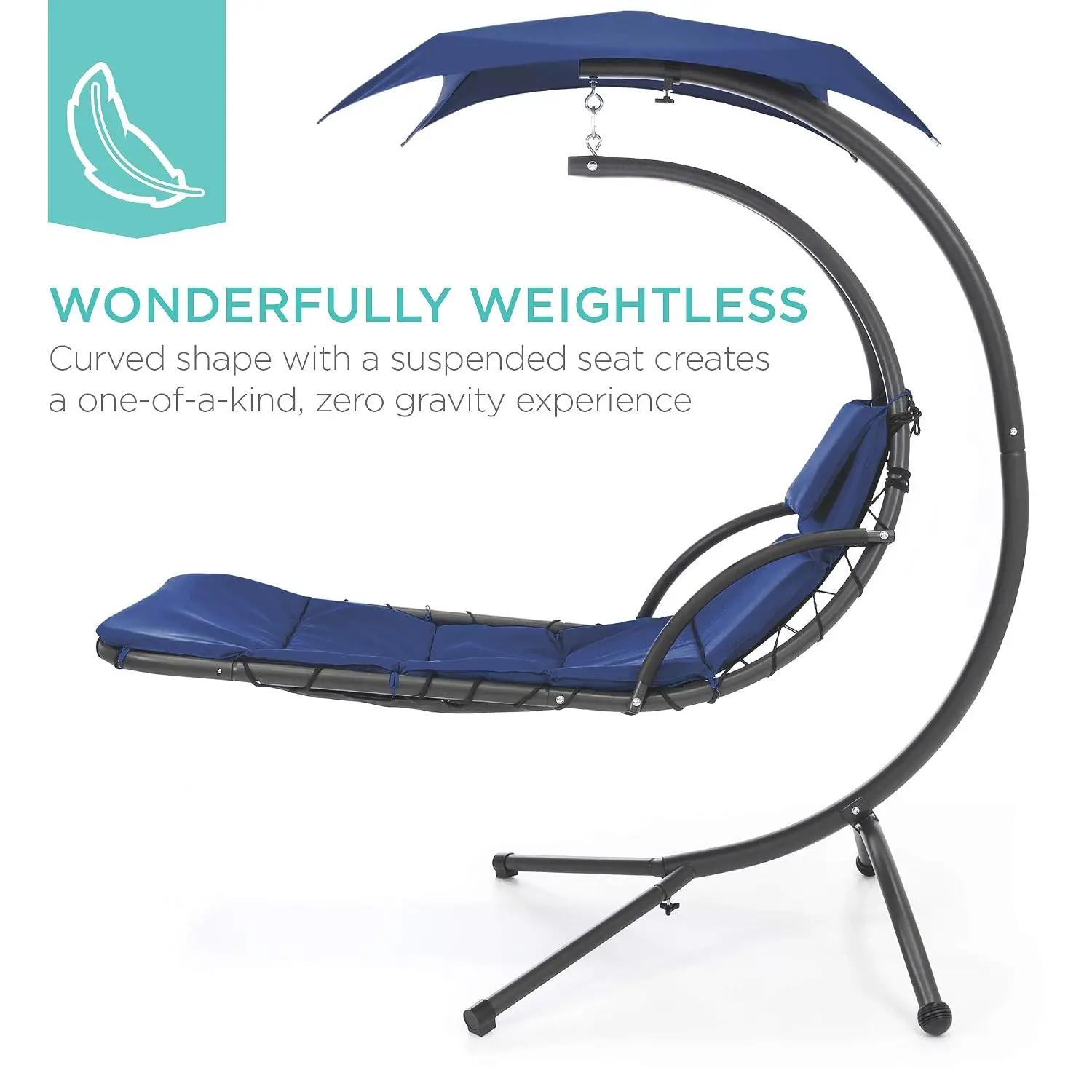 Outdoor Hanging Curved Steel Chaise Lounge Chair Swing w/Built-in Pillow and Removable Canopy, Customized