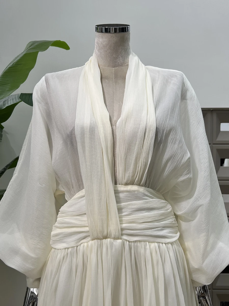 VGH Urlaub Gespleißt Unregelmäßigen Saum Kleider für Frauen V-ausschnitt Laterne Hülse Hohe Taille Transparent Puff Kleid Weibliche Herbst Stil