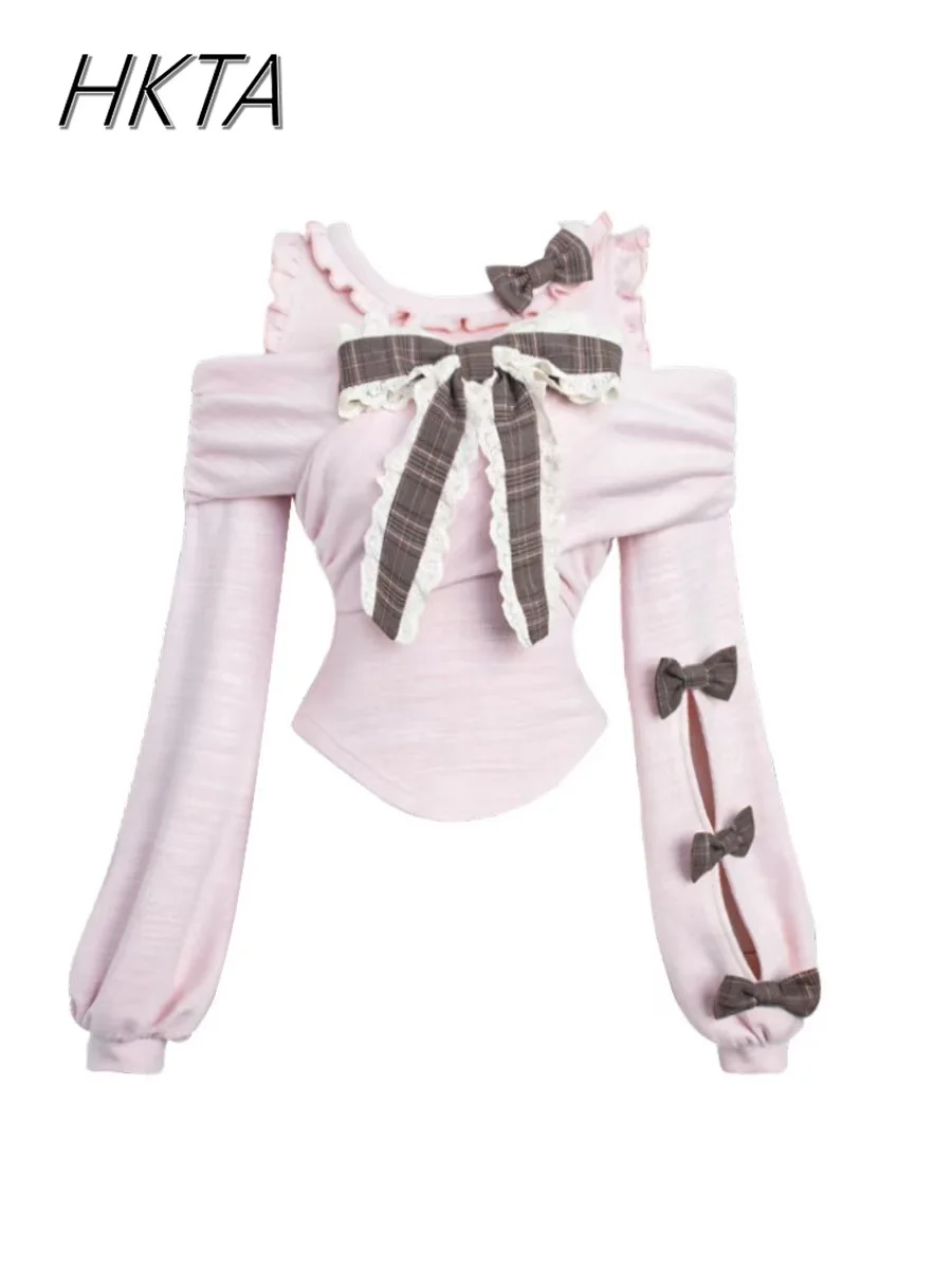 

Japanese Sweet Off Shoulder Long Sleeved Knitted Pink Top Women Spring Lace Plaid High Waisted Mini Skirt Girl Two Pieces Sets