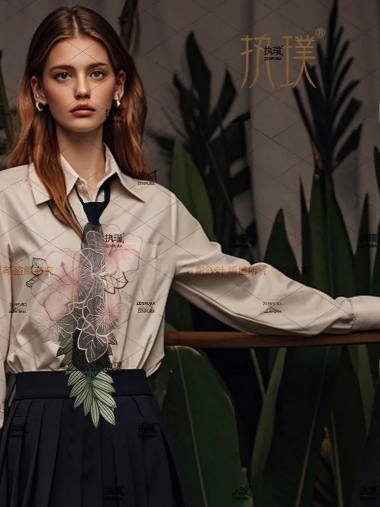 オリジナルエスニックレトロ刺繍ネクタイ女性用シャツアクセサリーヴィンテージノースタンプデザインニッチデザインシルク素材