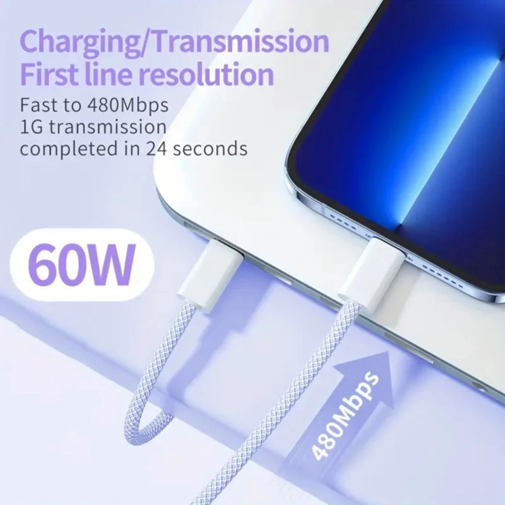 PD 60W USB C to Type C Color Cable Fast Charging For Apple iPhone 15 Pro Huawei Xiaomi Samsung Type C Weaving Cable Accessories