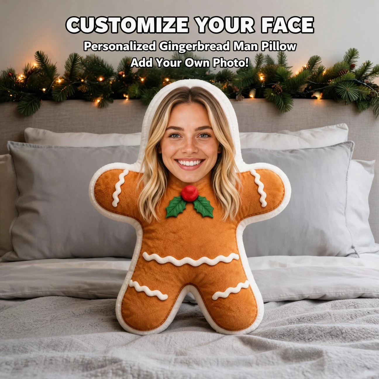 Custom Personalized Photo Gingerbread Man Shaped Pillow, Smiling Face Holiday Style Decorative Cushion, Unique Home Decor Accent