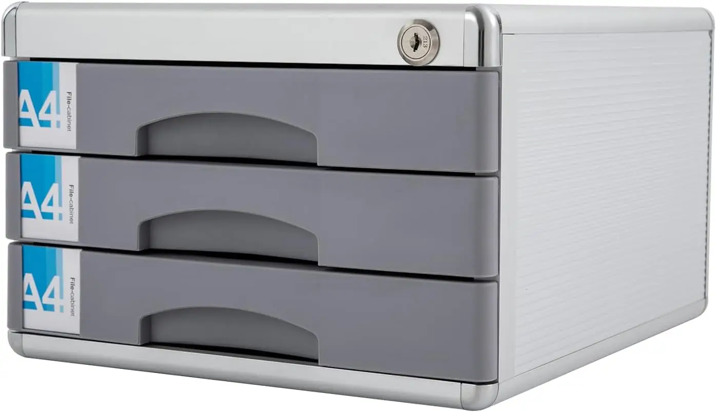 Organizador de mesa com 3 gavetas pequenas, organizador de arquivos de liga de alumínio, armário de gaveta com tampa com 5 gavetas, etiquetas e armazenamento de arquivos de 2 teclas