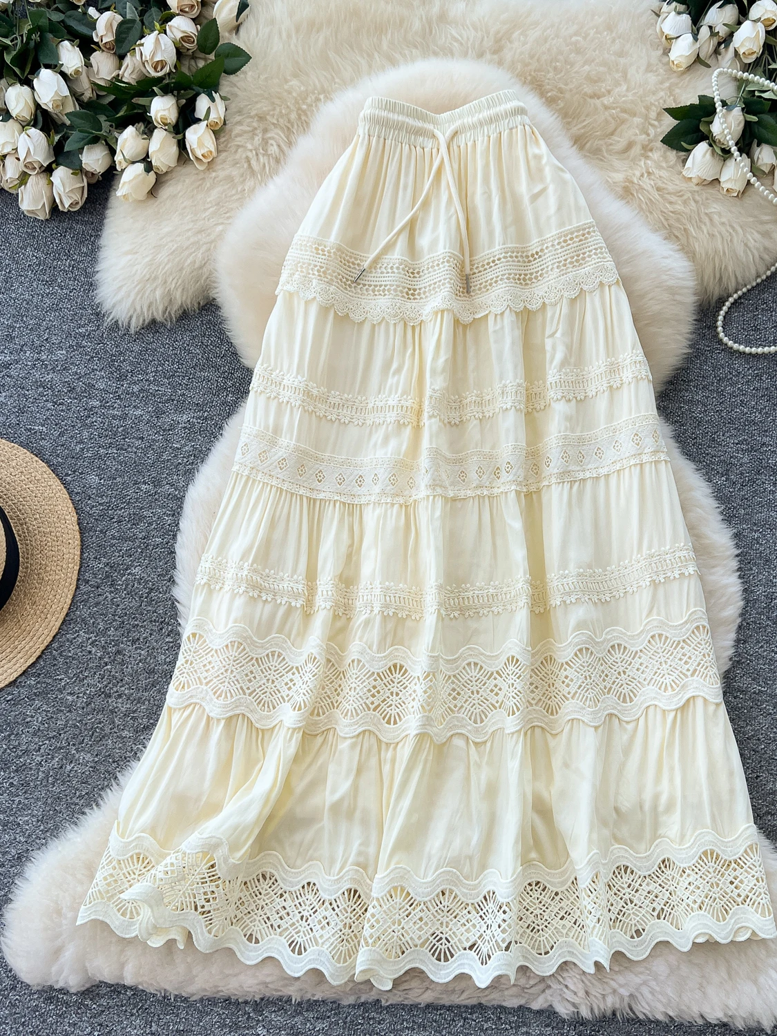 

Милая кружевная юбка-миди с высокой талией, женская модная корейская юбка трапециевидной формы из полиэфирного волокна, лето 20л