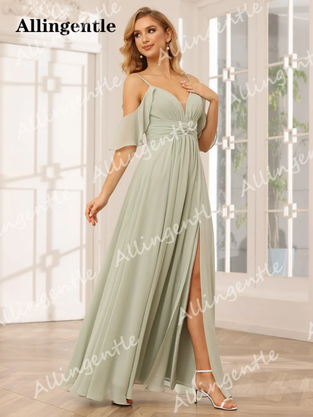 Allingentle A-Line V-Neck Bridesmaid Dresses Spaghetti Straps Ruched High Waist Evening Gowns Floor Length with Slit Customized