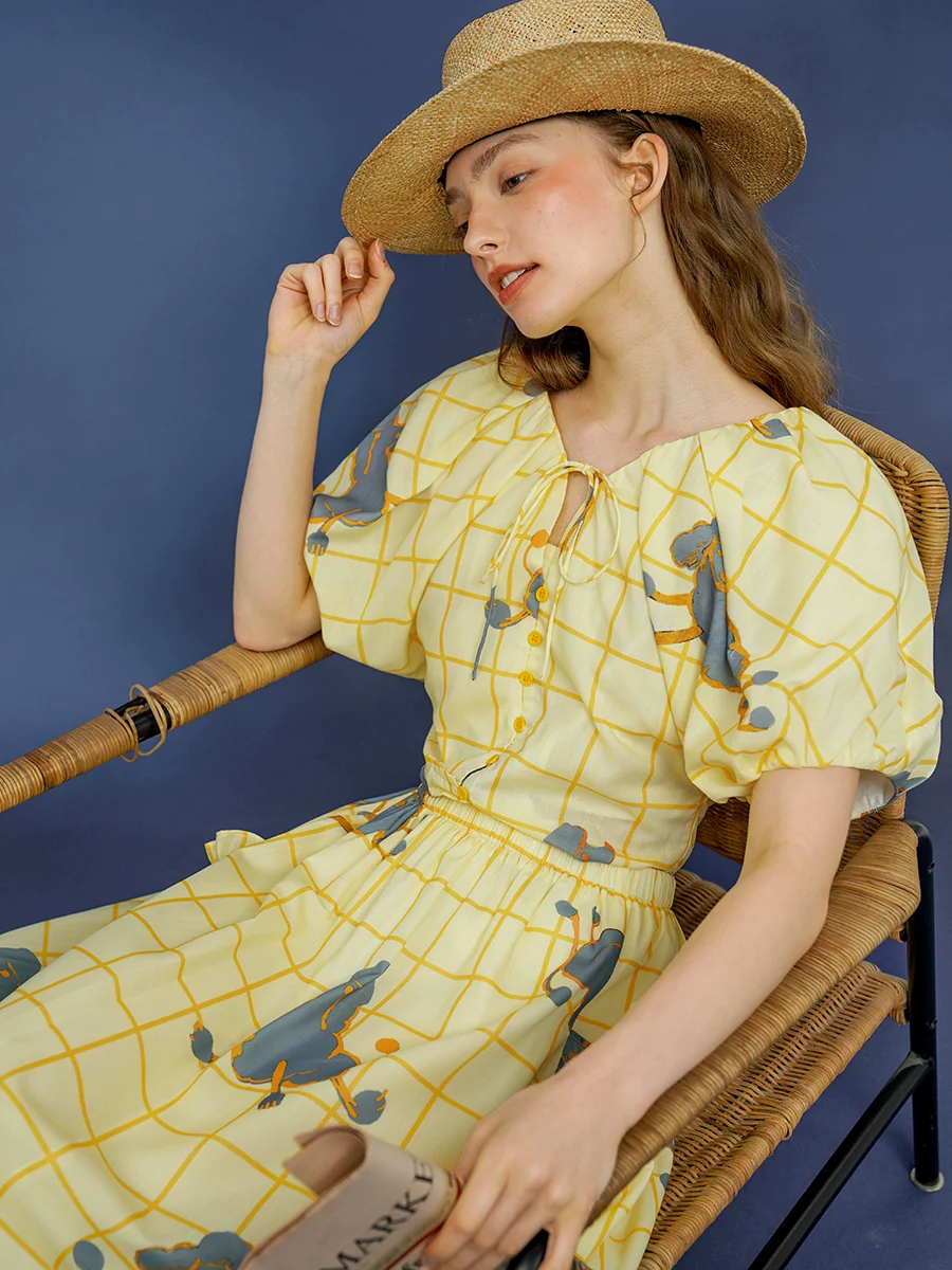Wiosna Lato Oryginalny Design Kobiety 1980s Vintage Vibes Slim Waist Lemon Yellow Sheep Print Bufiaste rękawy Koszule/Blouse
